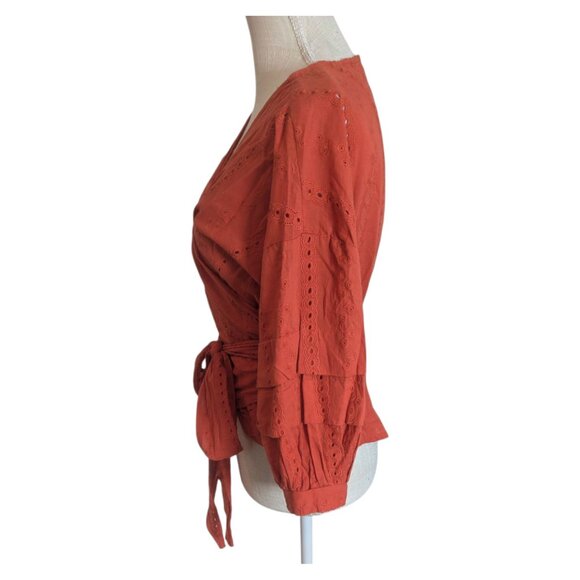 Forever 21 Women's Size S Rust Orange Eyelet Cotton Puff Sleeve Wrap Blouse Top - Picture 4 of 6